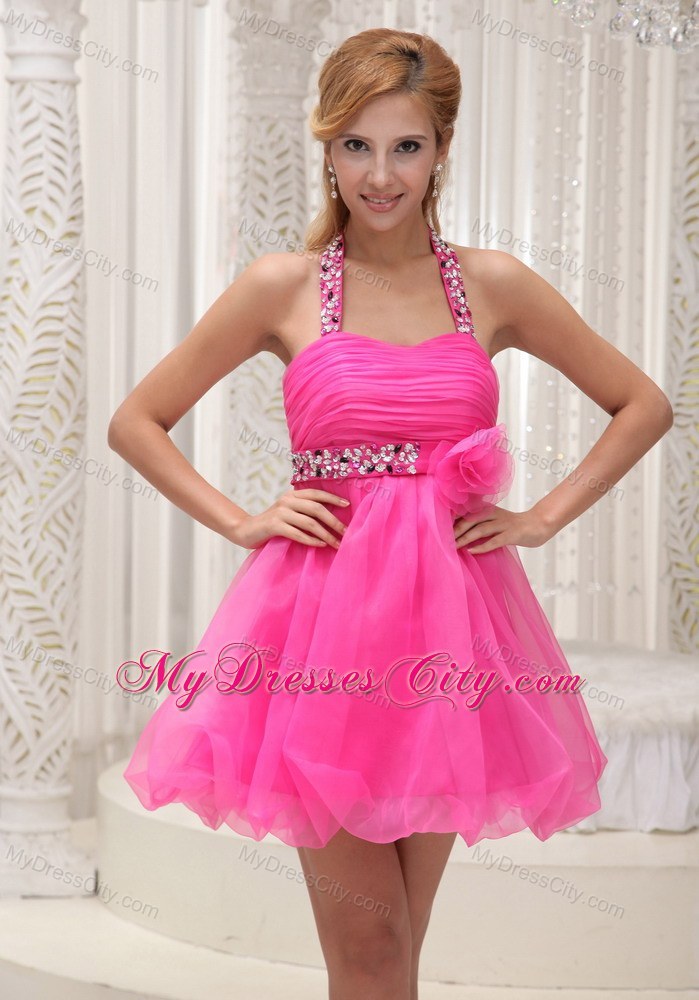 Beaded Decorate Halter Hot Pink Party Dress for 2013