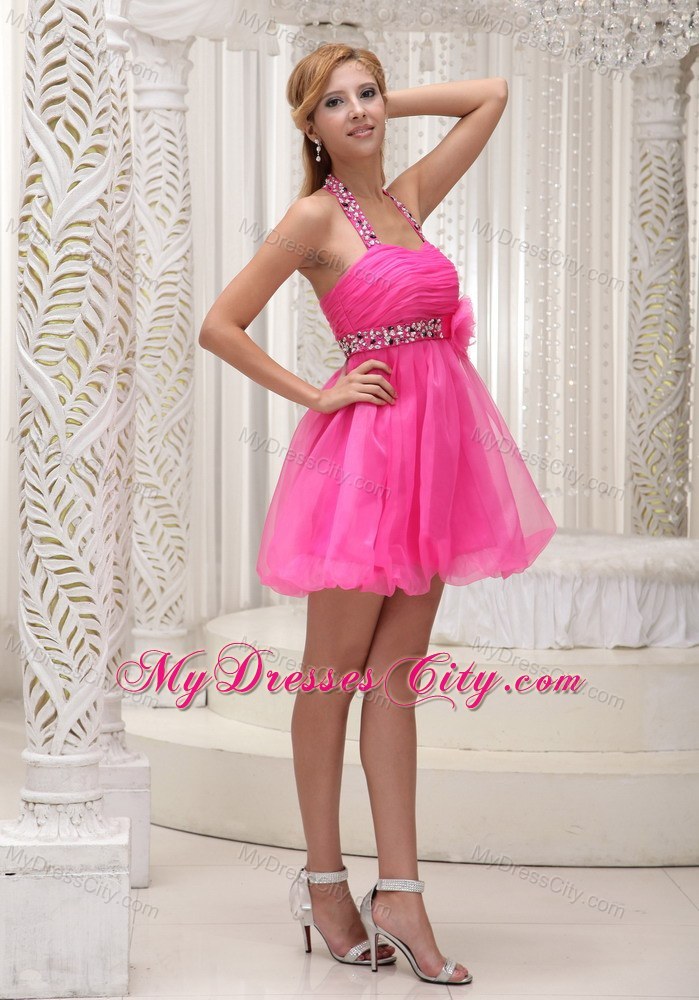 Beaded Decorate Halter Hot Pink Party Dress for 2013