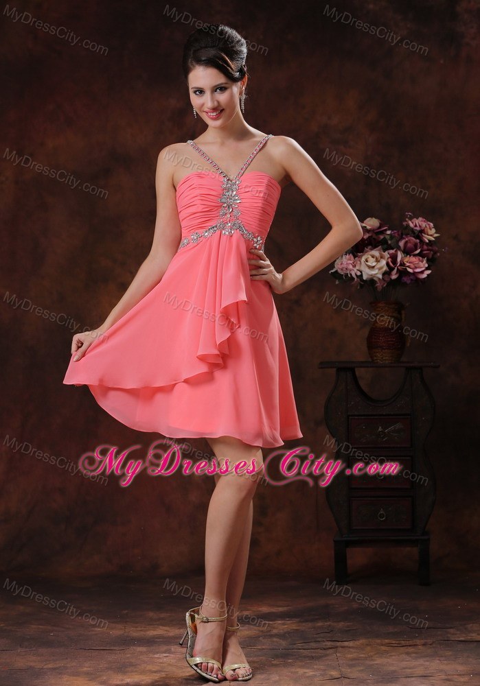 Beaded Decorate V-neck Watermelon Short Party Dress