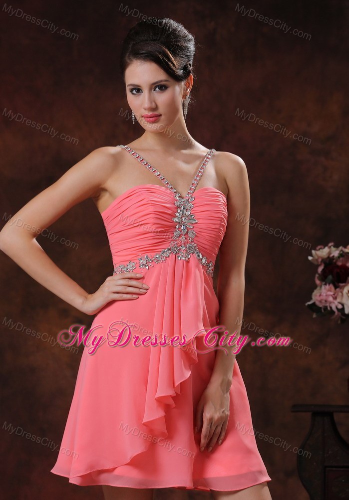 Beaded Decorate V-neck Watermelon Short Party Dress