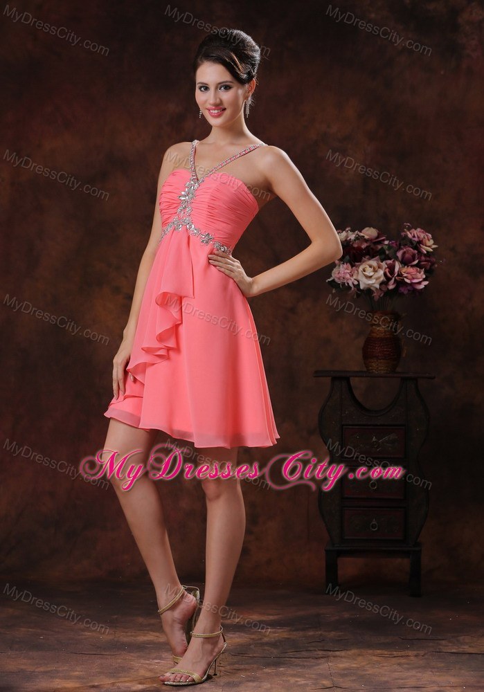 Beaded Decorate V-neck Watermelon Short Party Dress