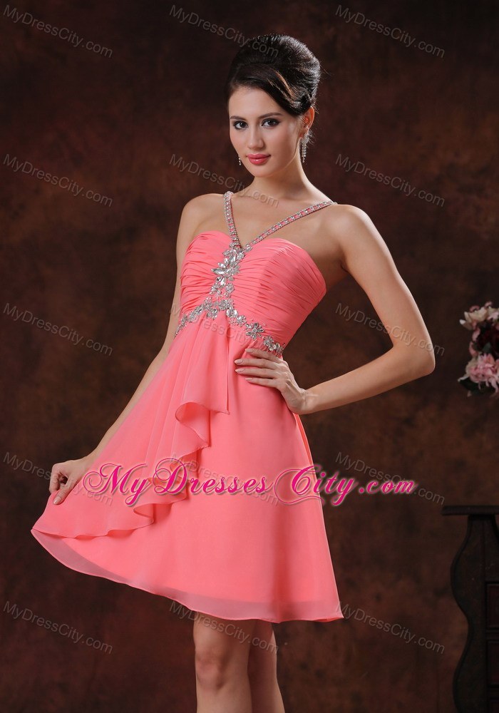 Beaded Decorate V-neck Watermelon Short Party Dress