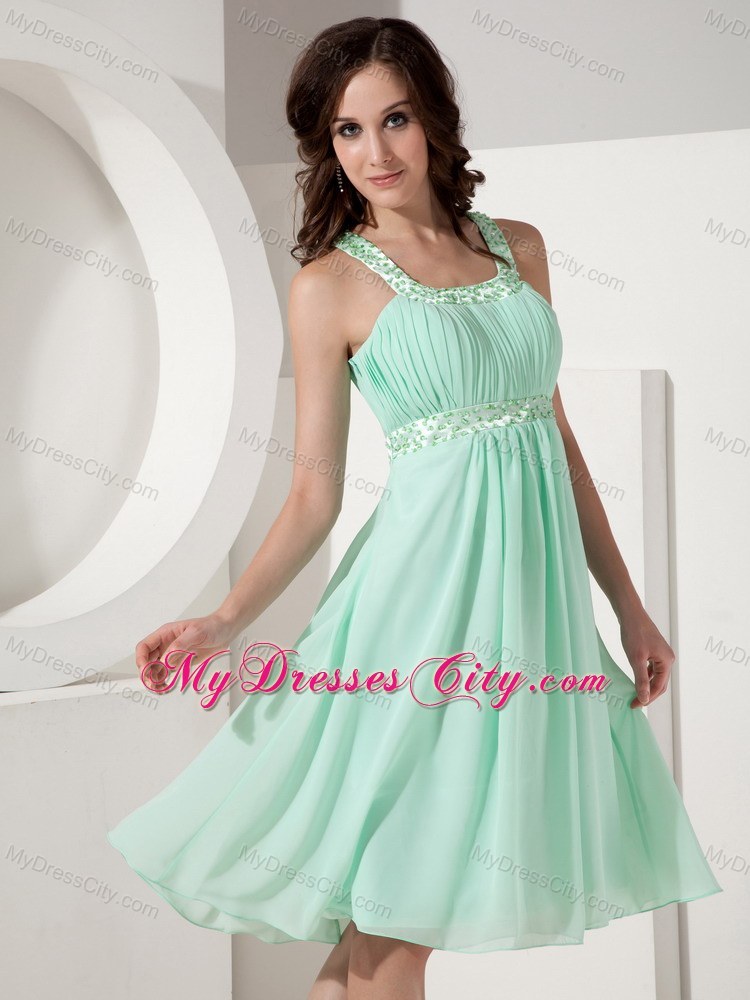 Knee-length Apple Green Straps Beading Empire Party Dress