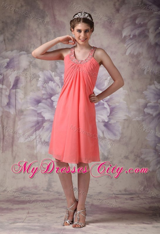 Watermelon Red Chiffon Party Dress with Scoop Beading