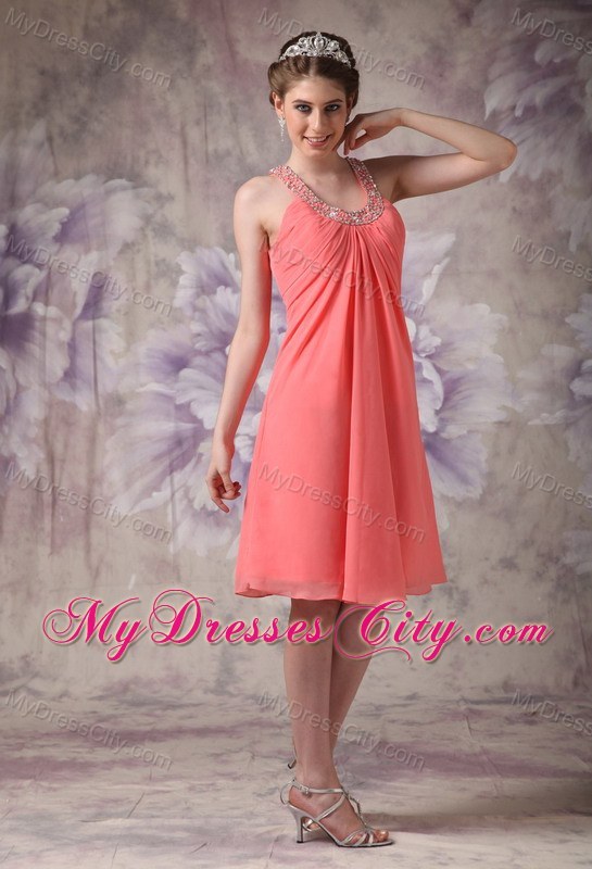 Watermelon Red Chiffon Party Dress with Scoop Beading