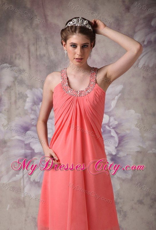 Watermelon Red Chiffon Party Dress with Scoop Beading