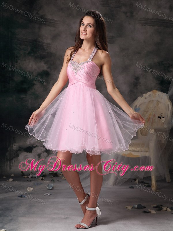 Customize Pink Halter Short Party Gowns with Beading