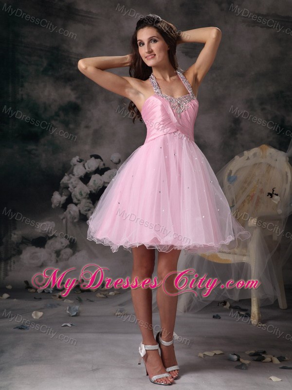 Customize Pink Halter Short Party Gowns with Beading