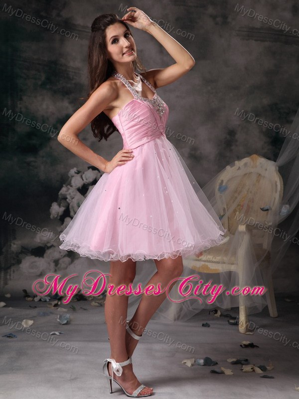 Customize Pink Halter Short Party Gowns with Beading