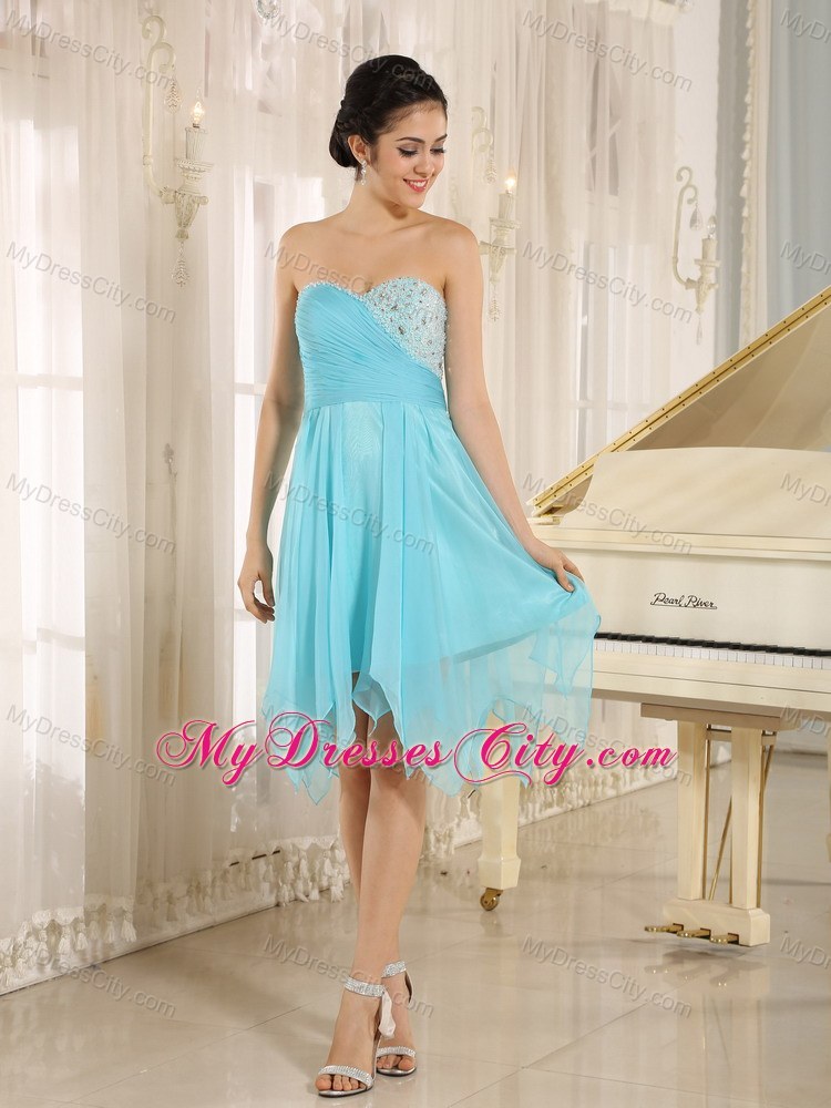 Sweetheart Aqua Short Party Dress With Beaded Decorate