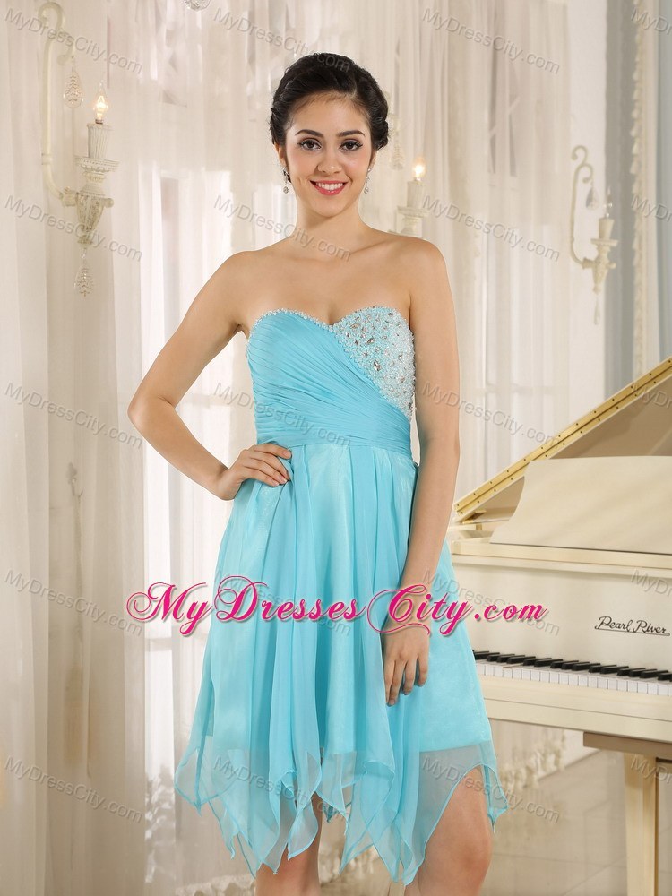 Sweetheart Aqua Short Party Dress With Beaded Decorate