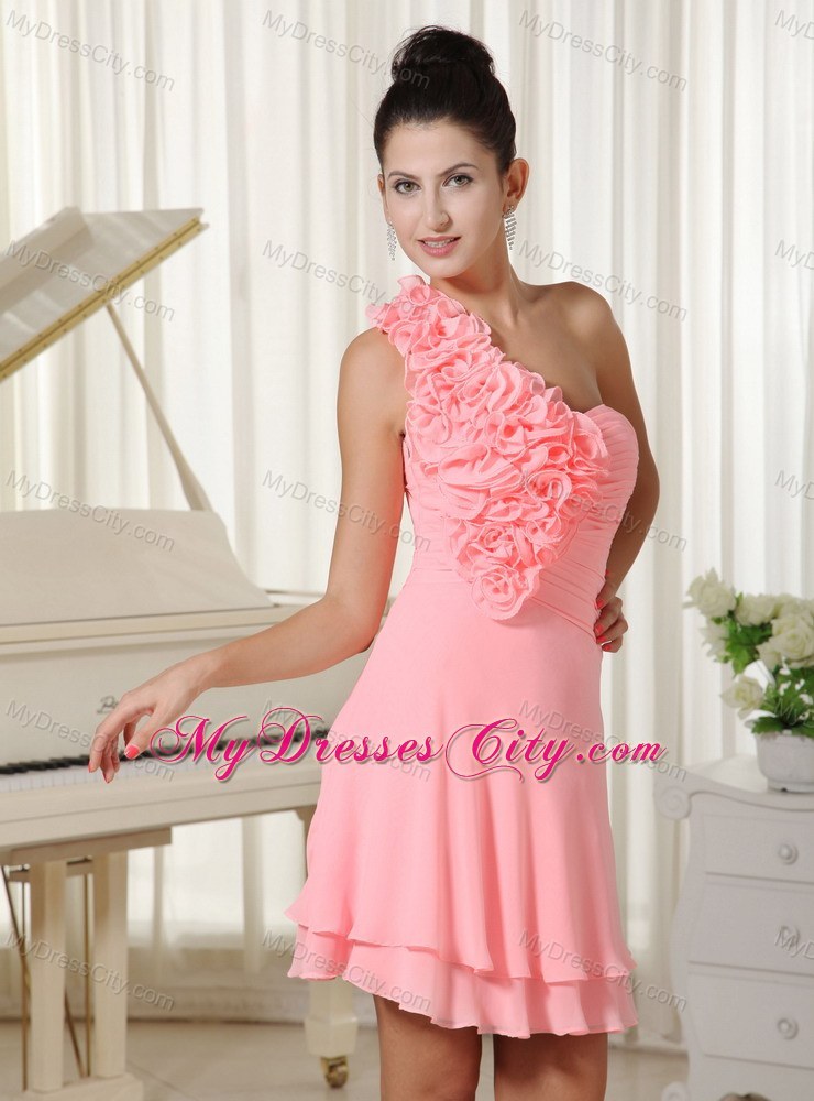 Flowers Decorate Shoulder Watermelon Short Party Dress