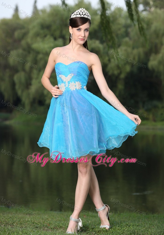 Hand Made Beaded Organza Aqua Blue Prom Dress for Party