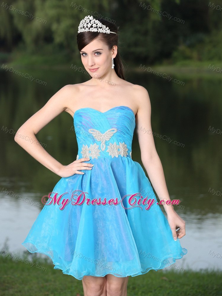 Hand Made Beaded Organza Aqua Blue Prom Dress for Party