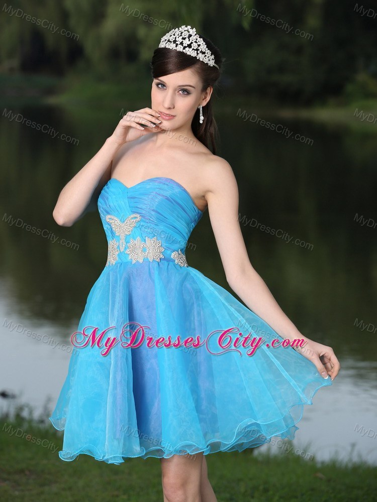 Hand Made Beaded Organza Aqua Blue Prom Dress for Party