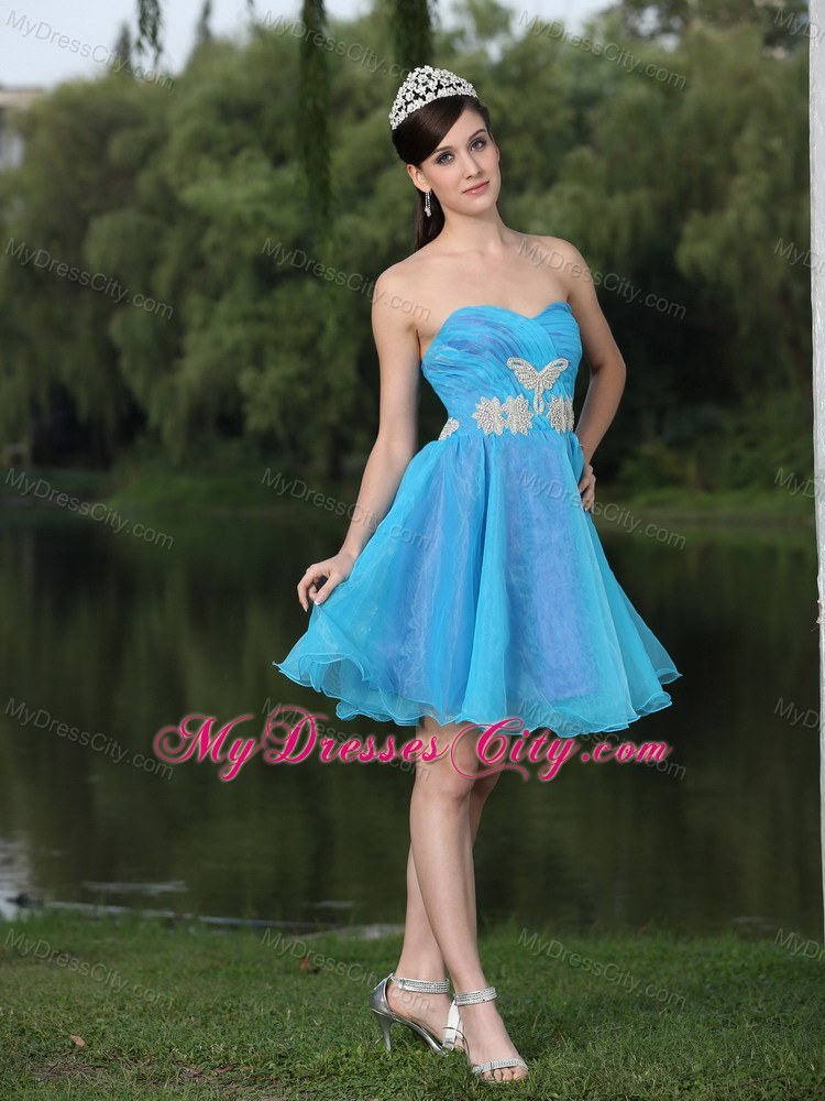 Hand Made Beaded Organza Aqua Blue Prom Dress for Party