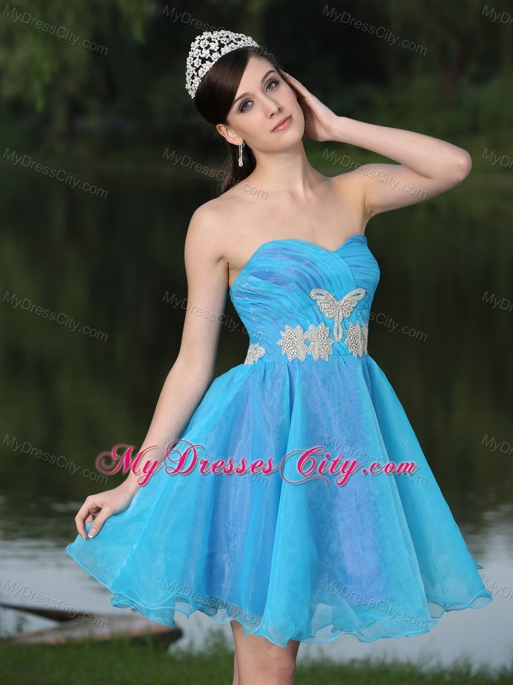 Hand Made Beaded Organza Aqua Blue Prom Dress for Party