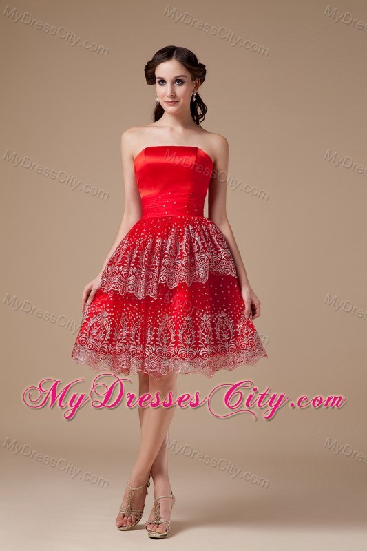 Taffeta and Lace Red A-line Beading Strapless Prom Party Dress