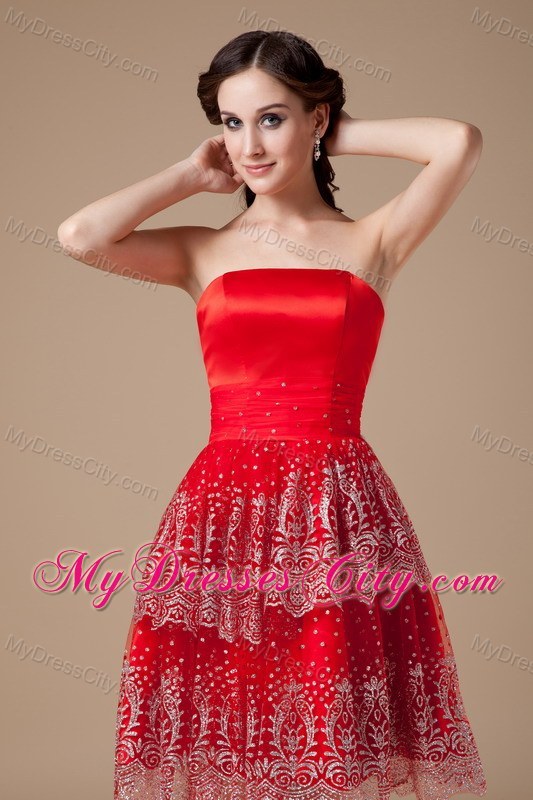 Taffeta and Lace Red A-line Beading Strapless Prom Party Dress