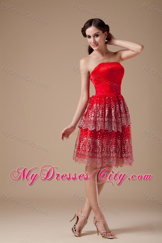 Taffeta and Lace Red A-line Beading Strapless Prom Party Dress