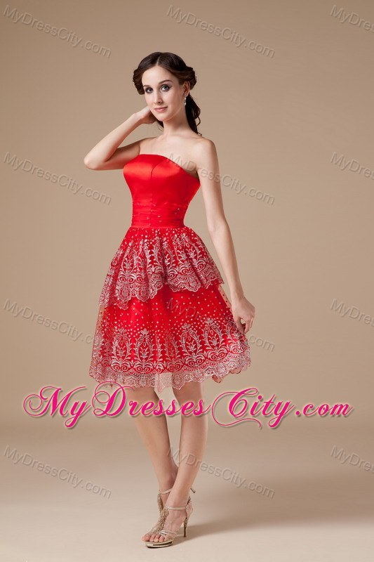 Taffeta and Lace Red A-line Beading Strapless Prom Party Dress