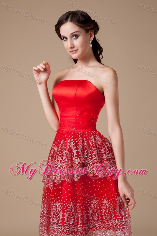 Taffeta and Lace Red A-line Beading Strapless Prom Party Dress