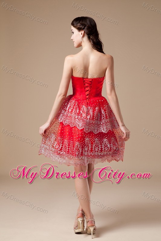 Taffeta and Lace Red A-line Beading Strapless Prom Party Dress