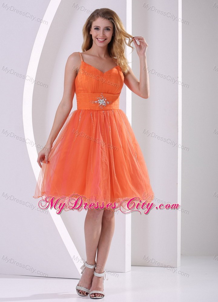 Orange Red Spagetti Straps Party Dress With Beading and Ruches