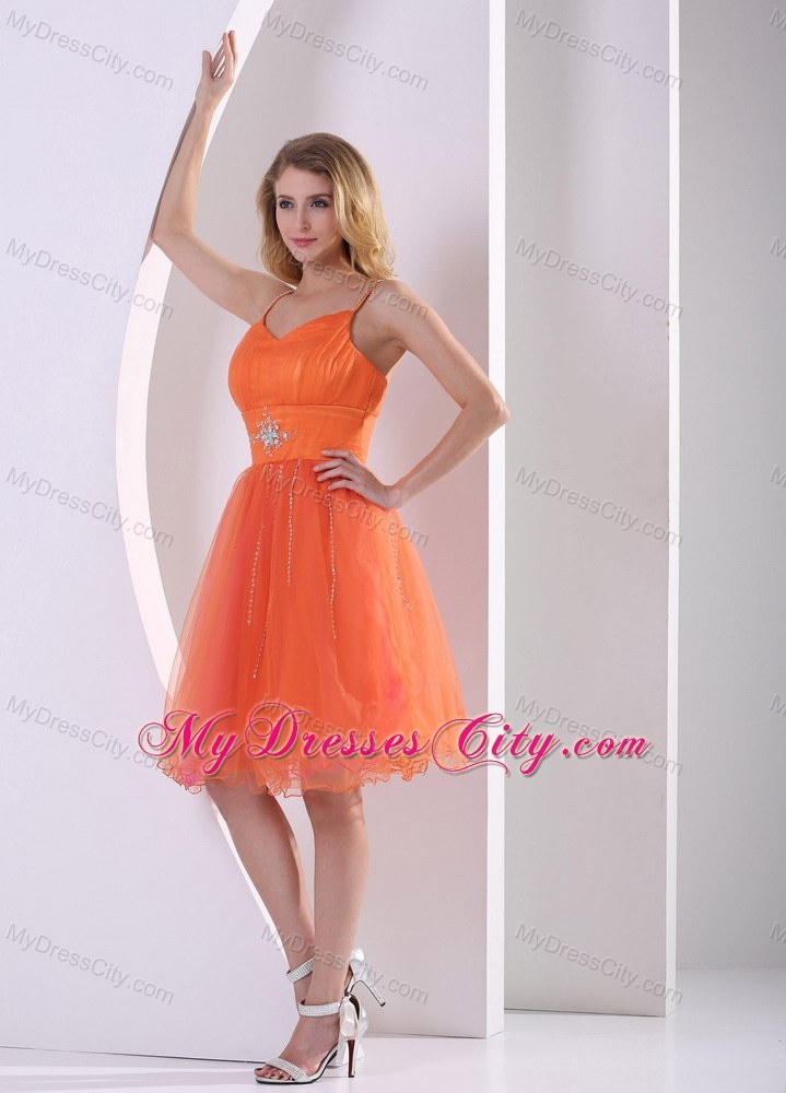 Orange Red Spagetti Straps Party Dress With Beading and Ruches