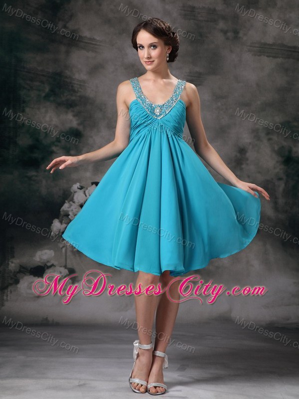 V-neck Mini Chiffon Beading Prom Party Dress in Aqua Blue