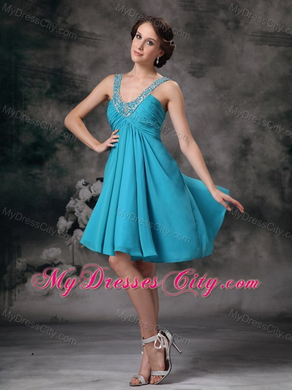 V-neck Mini Chiffon Beading Prom Party Dress in Aqua Blue