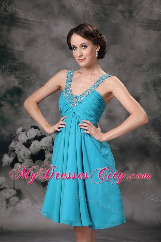 V-neck Mini Chiffon Beading Prom Party Dress in Aqua Blue