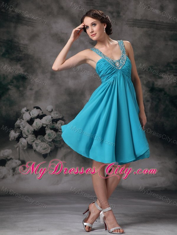 V-neck Mini Chiffon Beading Prom Party Dress in Aqua Blue