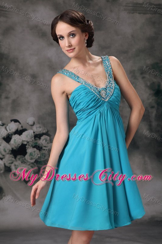 V-neck Mini Chiffon Beading Prom Party Dress in Aqua Blue