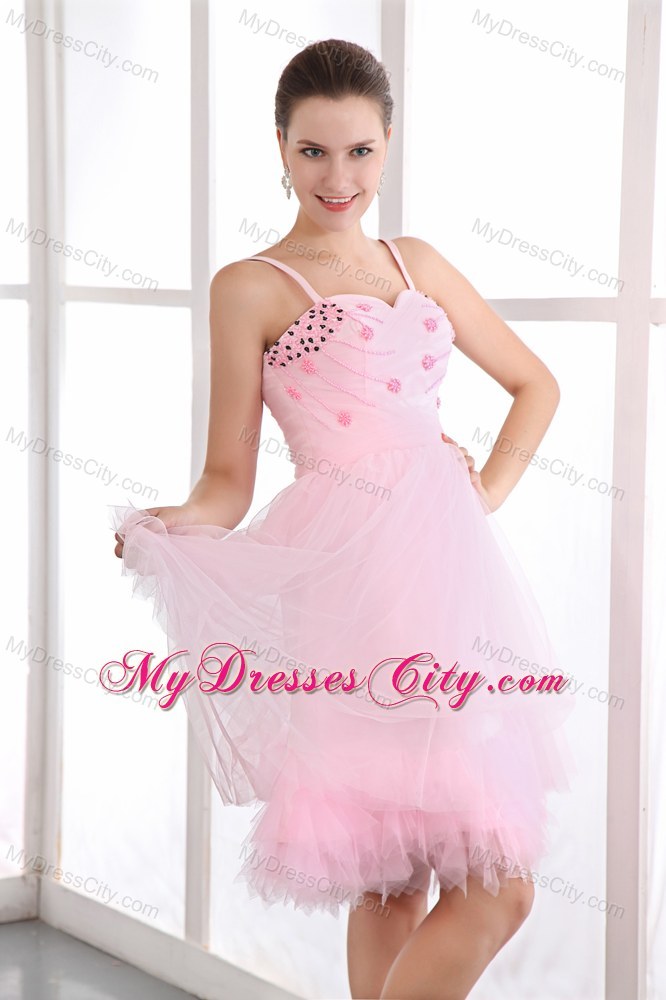 Pink A-line Spaghetti Straps Beading Short Party Dress