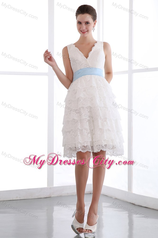 V-neck White Mini-length Lace Prom Party Dress with Sash