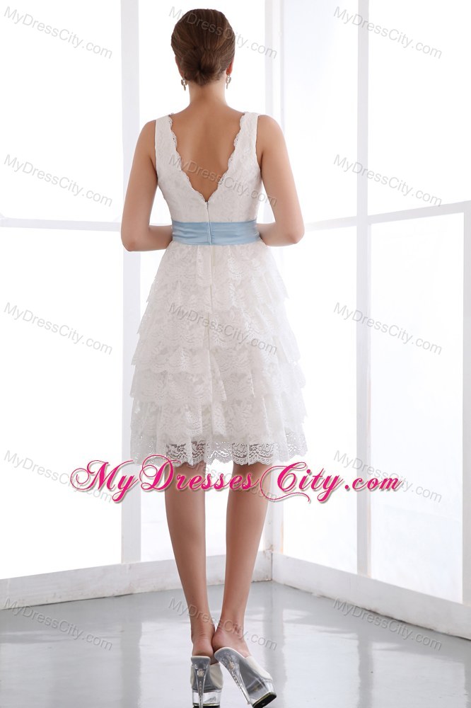 V-neck White Mini-length Lace Prom Party Dress with Sash