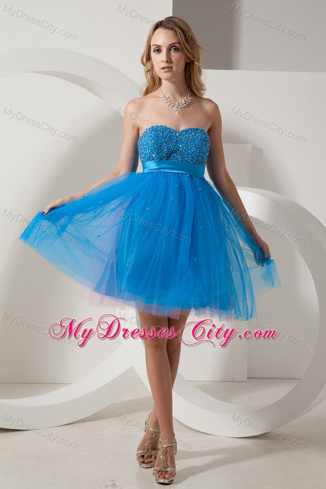 Blue Taffeta and Tulle Mini-length Beading Prom Dress