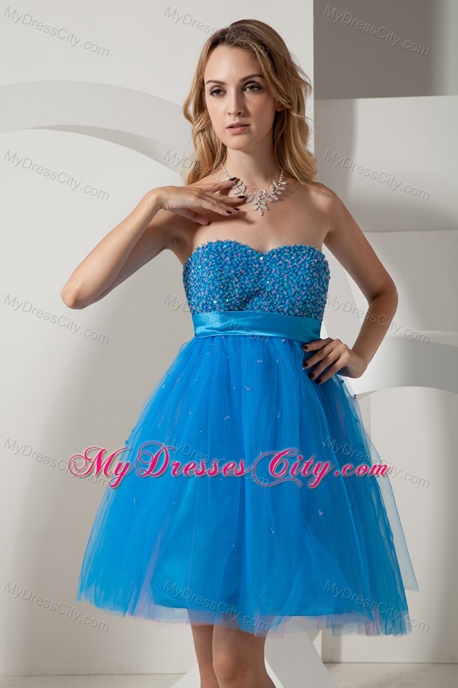 Blue Taffeta and Tulle Mini-length Beading Prom Dress