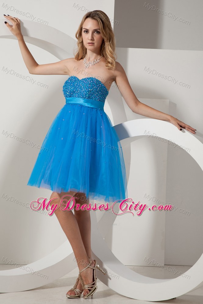 Blue Taffeta and Tulle Mini-length Beading Prom Dress