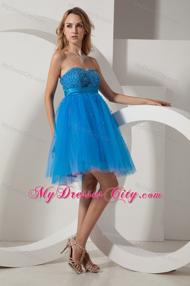 Blue Taffeta and Tulle Mini-length Beading Prom Dress