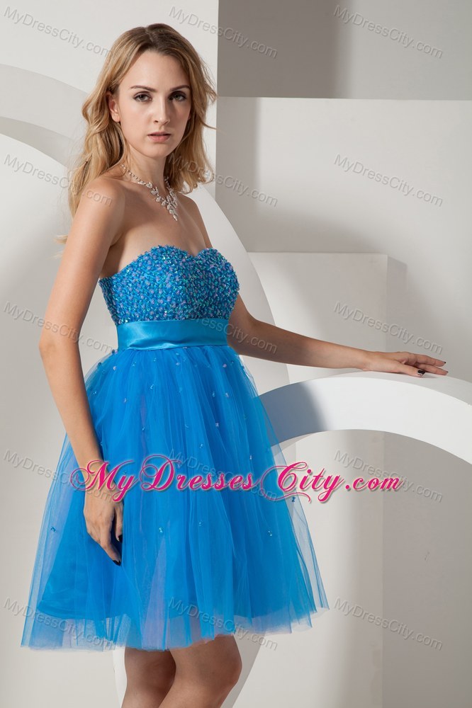 Blue Taffeta and Tulle Mini-length Beading Prom Dress