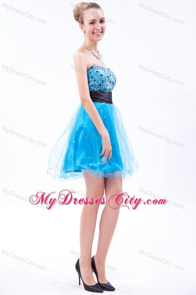 Aqua Tulle Beading Mini-length Party Dress with Strapless