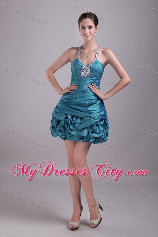 Rhinestone A-Line Teal Halter Mini-length Party Prom Dress