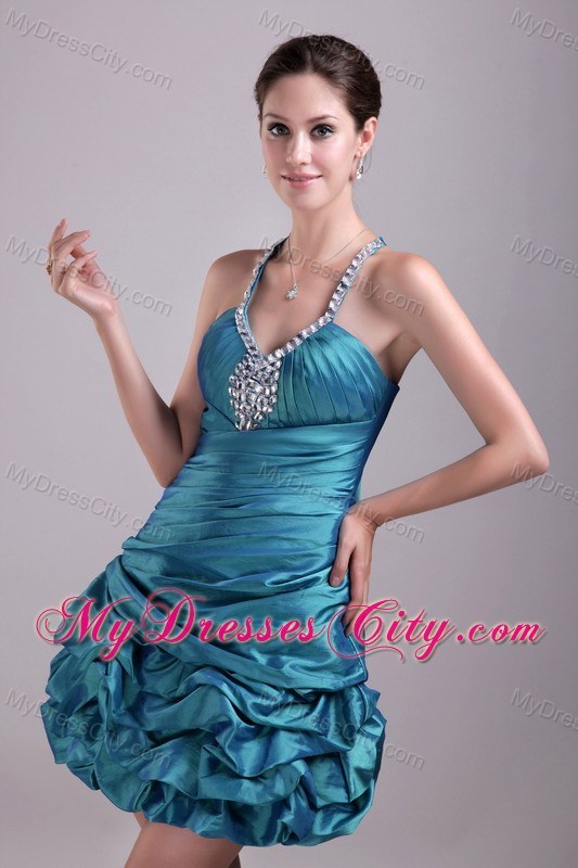 Rhinestone A-Line Teal Halter Mini-length Party Prom Dress