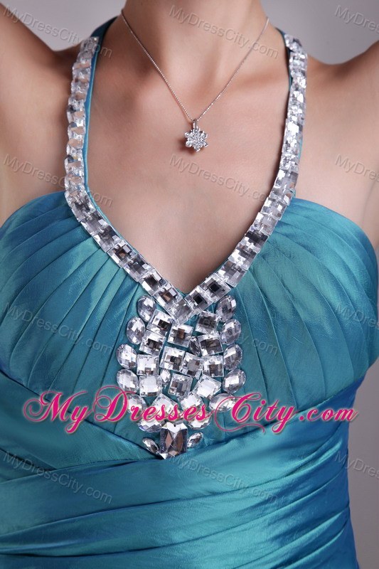 Rhinestone A-Line Teal Halter Mini-length Party Prom Dress