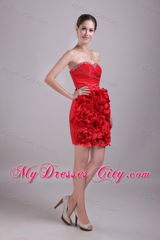 Sweetheart Red Column Mini Satin Beading Prom Dress for Party