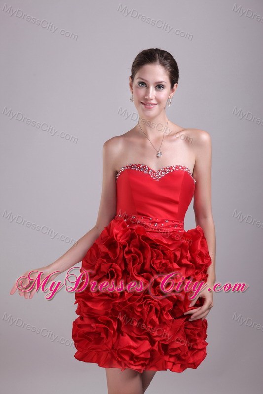 Sweetheart Red Column Mini Satin Beading Prom Dress for Party