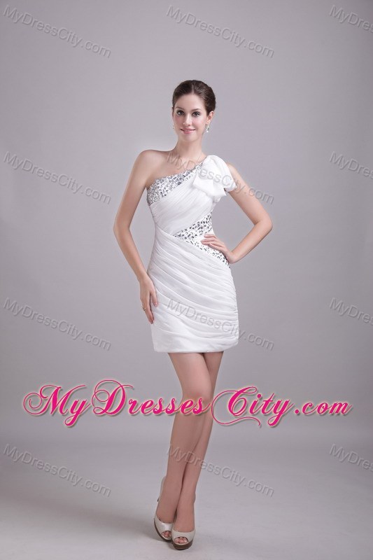 White Mini-length Rhinestone Party Dress with One Shoulder