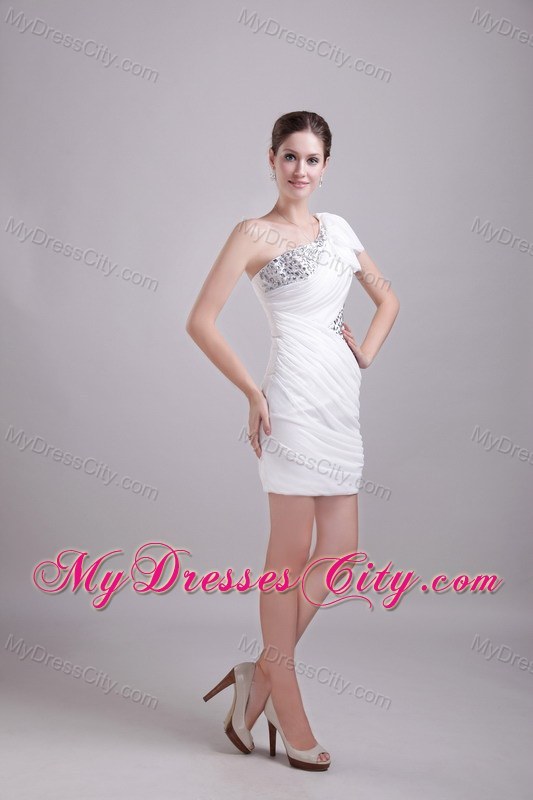 White Mini-length Rhinestone Party Dress with One Shoulder